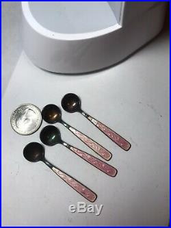 Rare Meka Denmark Sterling Silver Enamel Salt Cellars & Spoons