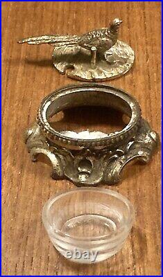 Rare Pair Tiffany & Co. Sterling Silver Glass Game Bird Salt Cellars Pheasant