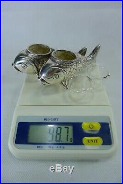 Rare Silver 925 (Sterling Silver) Fish Shaped Salt & Pepper Bowls / Cellars
