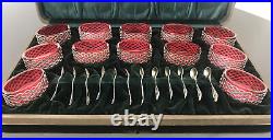 Rare Sterling Silver Cranberry Glass Master Salt (12) Cellars Set with Spoons