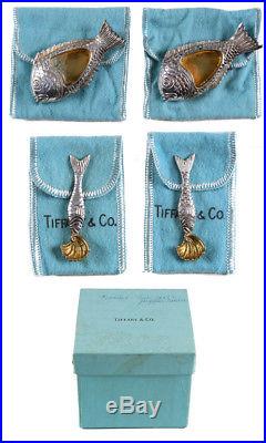 Rare Tiffany & Co. 925 Sterling Silver Salt & Pepper Fish Cellars with Spoons