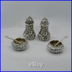 Repousse Sterling Condiment Sets Stieff Shakers, B. S. S Co Salts, S Kirk Spoons