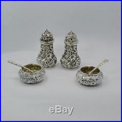 Repousse Sterling Condiment Sets Stieff Shakers, B. S. S Co Salts, S Kirk Spoons