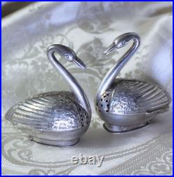 Romantic Antique Victorian Sterling Silver Swans Salt & Pepper Shakers Made 1896