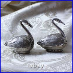 Romantic Antique Victorian Sterling Silver Swans Salt & Pepper Shakers Made 1896