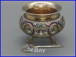 Russian Imperial Antique 84 Silver Enamel Salt Cellar and Spoon Moscow 1890