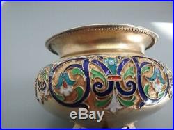 Russian Imperial Antique 84 Silver Enamel Salt Cellar and Spoon Moscow 1890