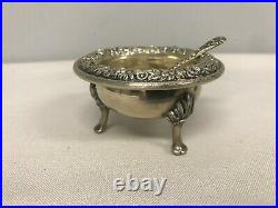 S KIRK & SONS STERLING SILVER REPOUSSE FLOWER FOOTED OPEN SALT CELLAR w SPOON 58