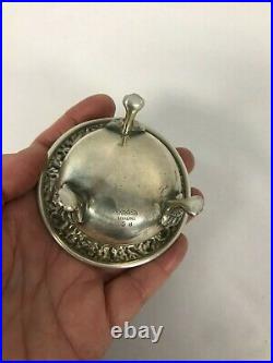 S KIRK & SONS STERLING SILVER REPOUSSE FLOWER FOOTED OPEN SALT CELLAR w SPOON 58