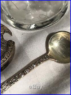 S. Kirk And Sons Repousse Sterling Jam Salt Mustard Pot Cellar Jar Spoon
