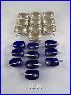 SET 10 ELEGANT ENGLISH STERLING SILVER SALT CELLARS With COBALT BLUE GLASS LINERS