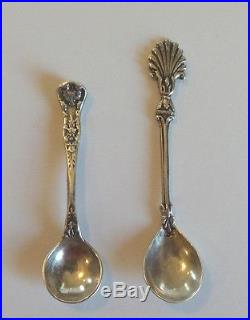 Set12 Antique Sterling Silver Salt Cellar Spoons, Misc. Flowers & Cherub
