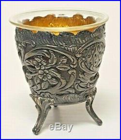 SHARABY 999 Solid Silver Antique Footed Silver Salt Cellar Dip Cup Glass Insert