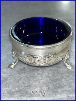 STERLING SILVER With COBALT BLUE GLASS LINER FOOTED SALT CELLAR