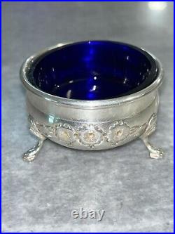 STERLING SILVER With COBALT BLUE GLASS LINER FOOTED SALT CELLAR