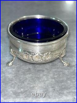 STERLING SILVER With COBALT BLUE GLASS LINER FOOTED SALT CELLAR