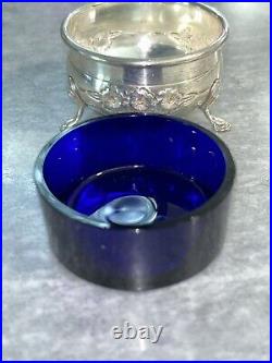 STERLING SILVER With COBALT BLUE GLASS LINER FOOTED SALT CELLAR