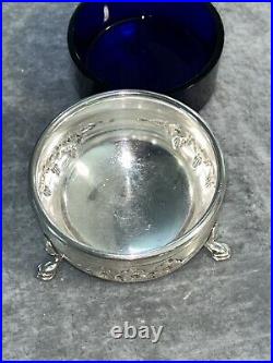 STERLING SILVER With COBALT BLUE GLASS LINER FOOTED SALT CELLAR