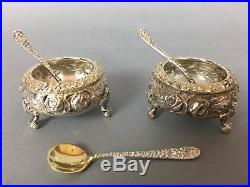 STIEFF ROSE STERLING OPEN SALT CELLAR SILVER REPOUSSE FOOTED SET with SPOONS 3.6oz