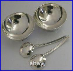 STYLISH HAND MADE SOLID STERLING SILVER MODERN SALT CELLARS AND SPOONS c1980