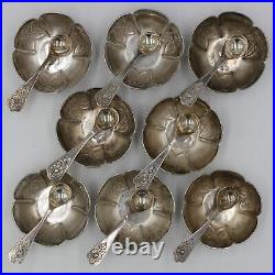 Sanborns Mexico Sterling Silver Aztec Rose Salt Cellar Dishes & Spoons Set of 8