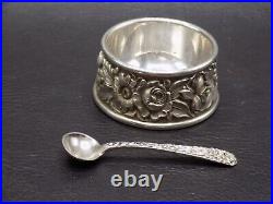 Scarce S. Kirk and Son Sterling Silver Repousse open Salt Cellar and spoon