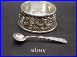 Scarce S. Kirk and Son Sterling Silver Repousse open Salt Cellar and spoon