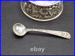 Scarce S. Kirk and Son Sterling Silver Repousse open Salt Cellar and spoon