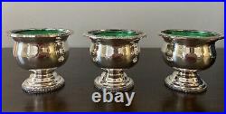 Set/3 Vtg Silver Plate Pedestal Salt Cellar Bowl Dish Emerald Green Glass Insert