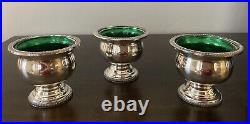 Set/3 Vtg Silver Plate Pedestal Salt Cellar Bowl Dish Emerald Green Glass Insert