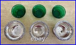 Set/3 Vtg Silver Plate Pedestal Salt Cellar Bowl Dish Emerald Green Glass Insert