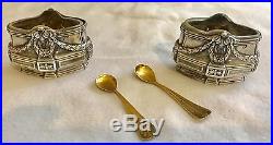 Set Antique French 950 Silver Salt Cellars & Gilt Spoons