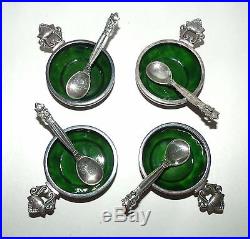 Set GEORG JENSEN Acorn Salt Cellar Dish Spoon Sterling Silver. 925 Green Enamel