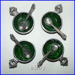 Set GEORG JENSEN Acorn Salt Cellar Dish Spoon Sterling Silver. 925 Green Enamel