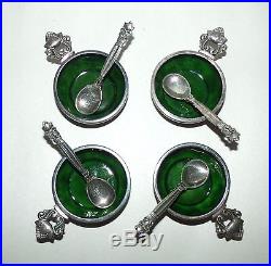 Set GEORG JENSEN Acorn Salt Cellar Dish Spoon Sterling Silver. 925 Green Enamel
