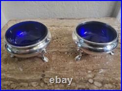 Set Of 2 Gorham Sterling Silver Salt Cellars with Blue Glass Inserts #1110