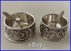 Set Of 2 S Kirk & Son Sterling Silver Repousse Salt Cellar With Spoons