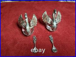 Set Of 2 Vintage Sterling Silver And Crystal Swan Salts + Cherub Silver Spoons