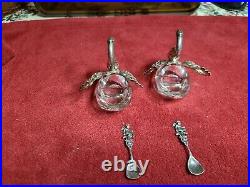 Set Of 2 Vintage Sterling Silver And Crystal Swan Salts + Cherub Silver Spoons