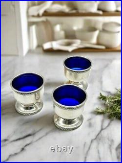 Set Of 3 Sterling Silver Footed Salt Cellars With Cobalt Glass Inserts