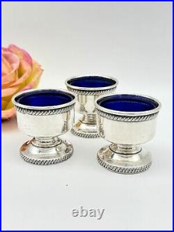 Set Of 3 Sterling Silver Footed Salt Cellars With Cobalt Glass Inserts