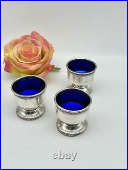 Set Of 3 Sterling Silver Footed Salt Cellars With Cobalt Glass Inserts