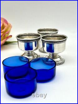 Set Of 3 Sterling Silver Footed Salt Cellars With Cobalt Glass Inserts