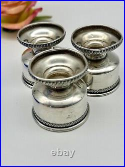 Set Of 3 Sterling Silver Footed Salt Cellars With Cobalt Glass Inserts