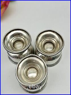 Set Of 3 Sterling Silver Footed Salt Cellars With Cobalt Glass Inserts