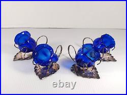 Set Of 4 Antique Cobalt Blue Glass Flower Tulip Open Salt Cellars Silver Plated