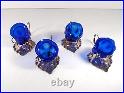 Set Of 4 Antique Cobalt Blue Glass Flower Tulip Open Salt Cellars Silver Plated