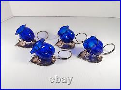 Set Of 4 Antique Cobalt Blue Glass Flower Tulip Open Salt Cellars Silver Plated