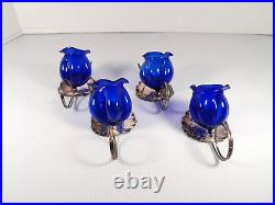 Set Of 4 Antique Cobalt Blue Glass Flower Tulip Open Salt Cellars Silver Plated