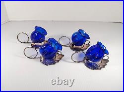 Set Of 4 Antique Cobalt Blue Glass Flower Tulip Open Salt Cellars Silver Plated